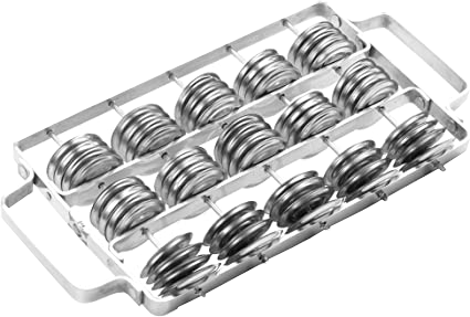 Chocalho: a hand-held instrument consisting of a shiny silver metal frame with a three by five grid of bundles of shiny sliver metal jingles. There is a d-shaped metal handle either side of the frame.