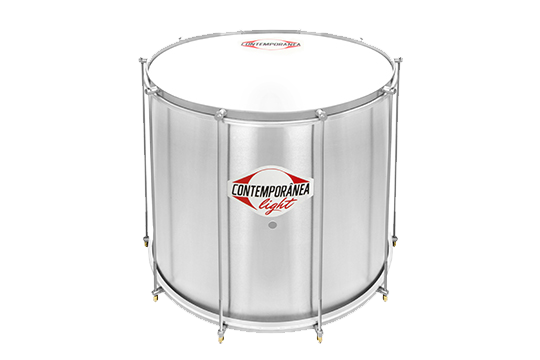 Metal surdo: a large cylindrical base drum with a shiny metal shell and white nylon head standing upright.