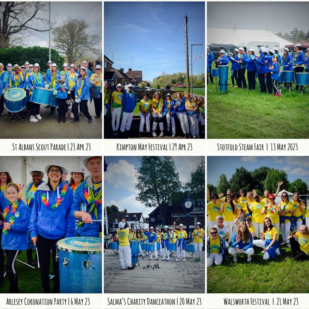 Six-photo collage featuring 2023 summer gigs. GCS performs in the sun and rain in fields and towns.