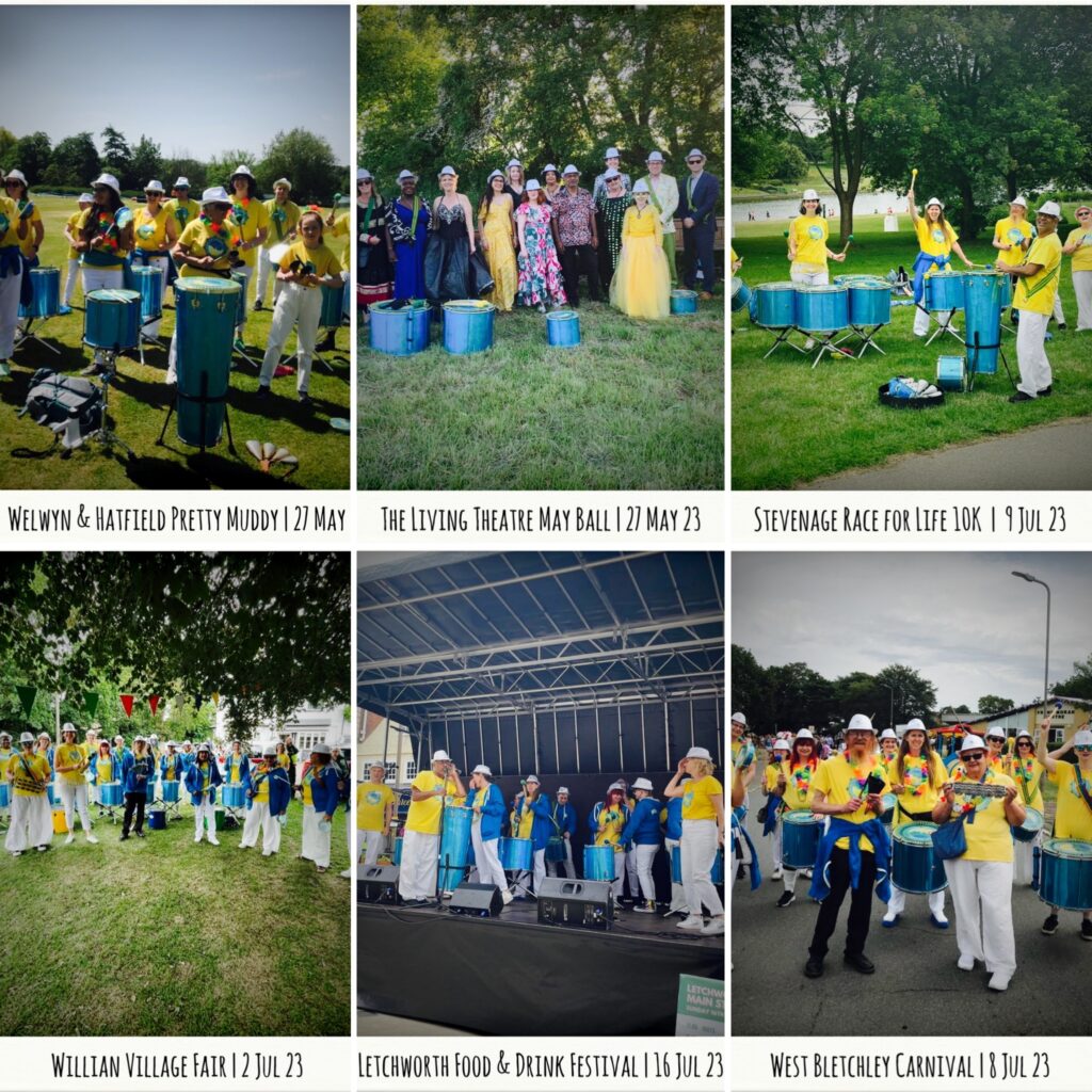 Six-photo collage featuring 2023 summer gigs. GCS performs in the sun in fields and on outdoor stages.