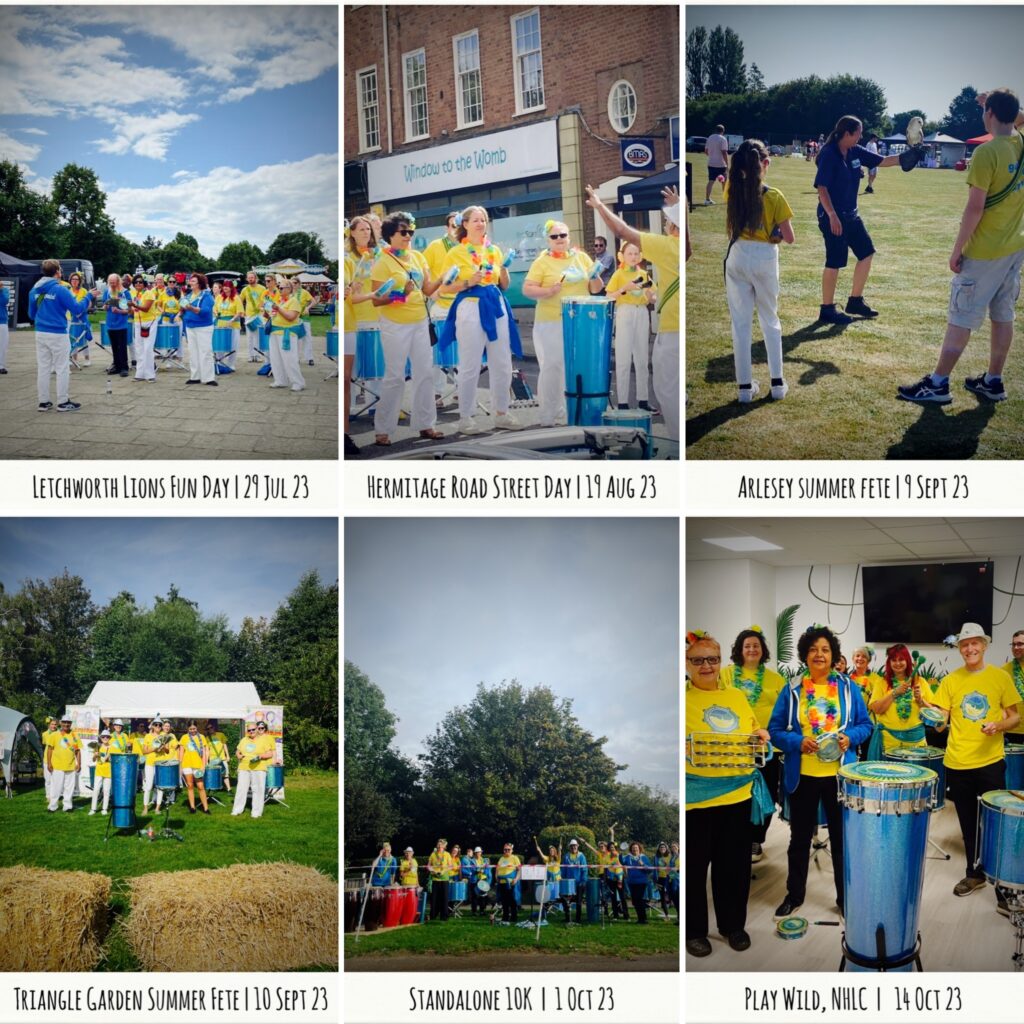 Six-photo collage featuring 2023 summer gigs. GCS performs in the sun in fields and towns.