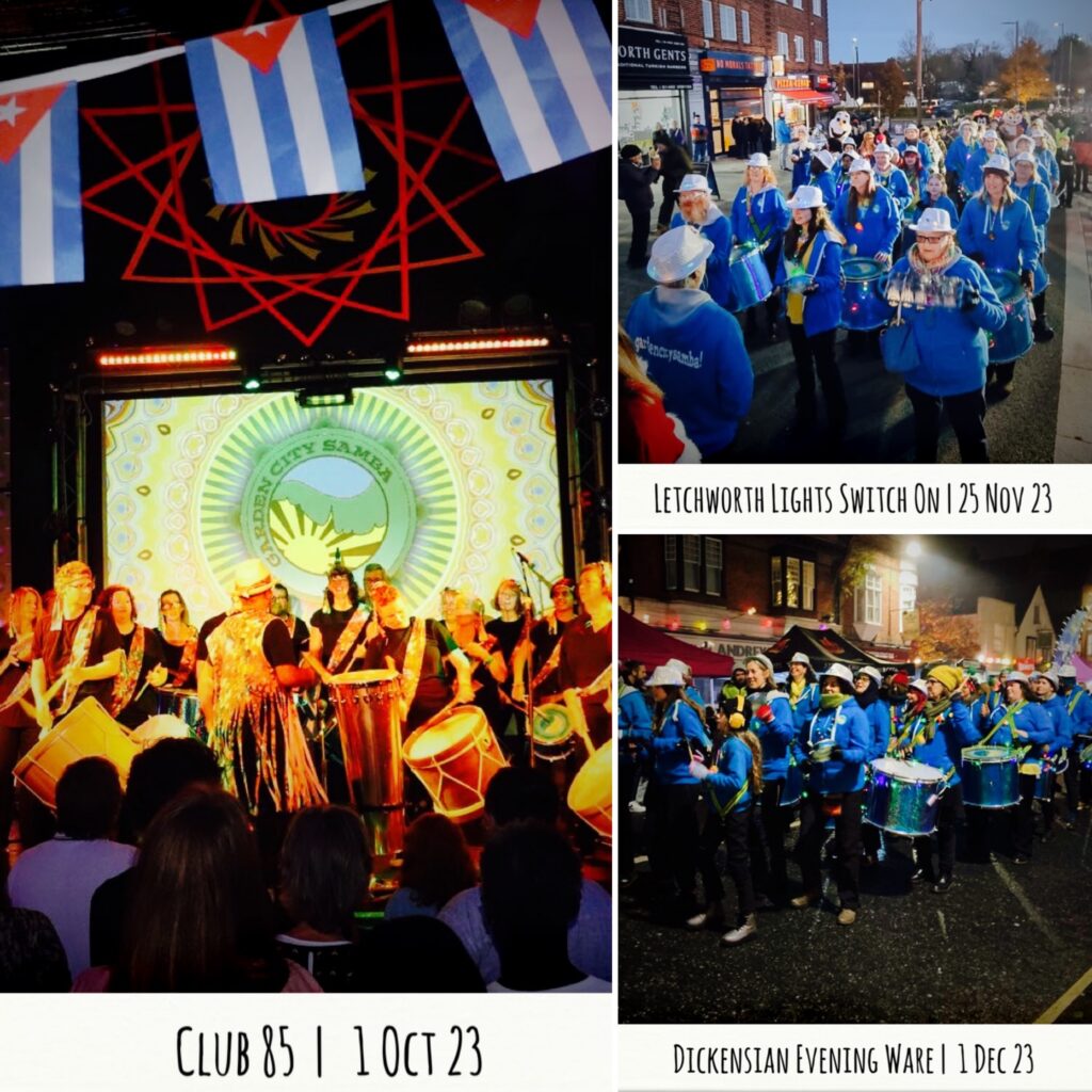 Three-photo collage featuring 2023 winter gigs. GCS performs day-time, night-time, indoor and outdoor gigs.