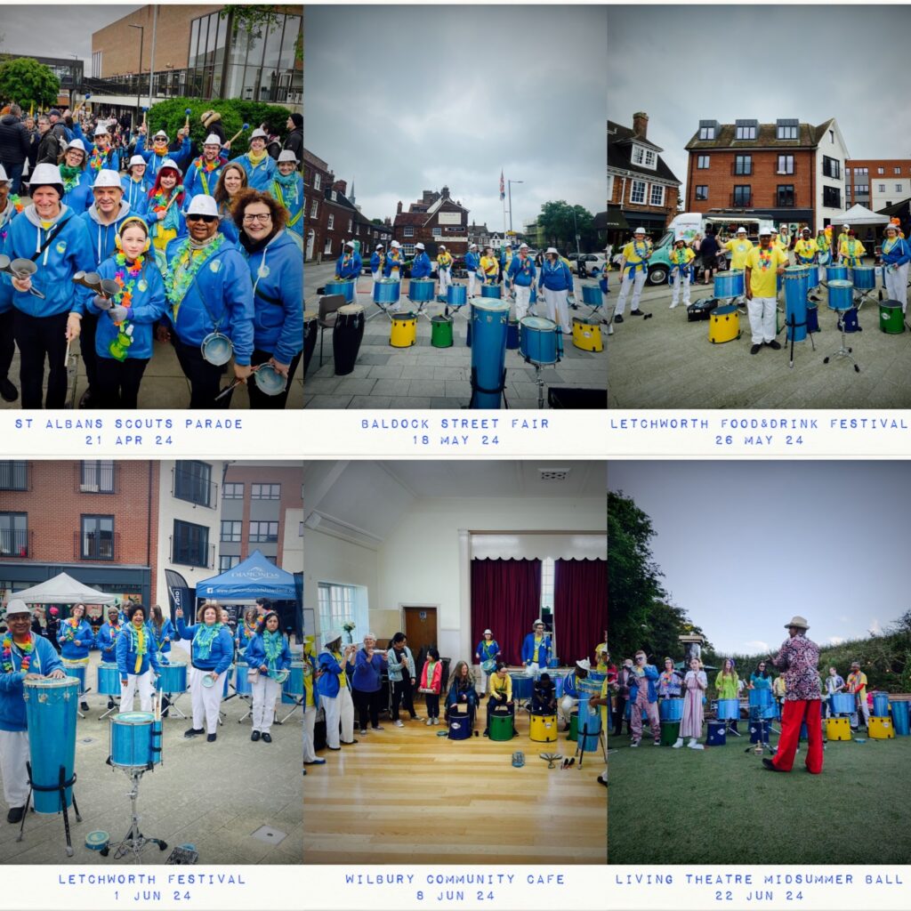 Six-photo collage featuring 2024 summer gigs. GCS performs in the sun in fields and towns.