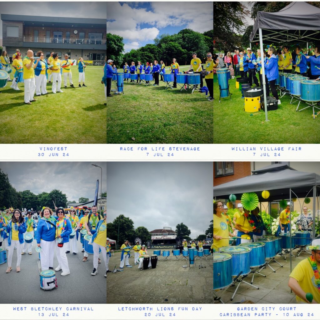 Six-photo collage featuring 2024 summer gigs. GCS performs in the sun in fields and towns.