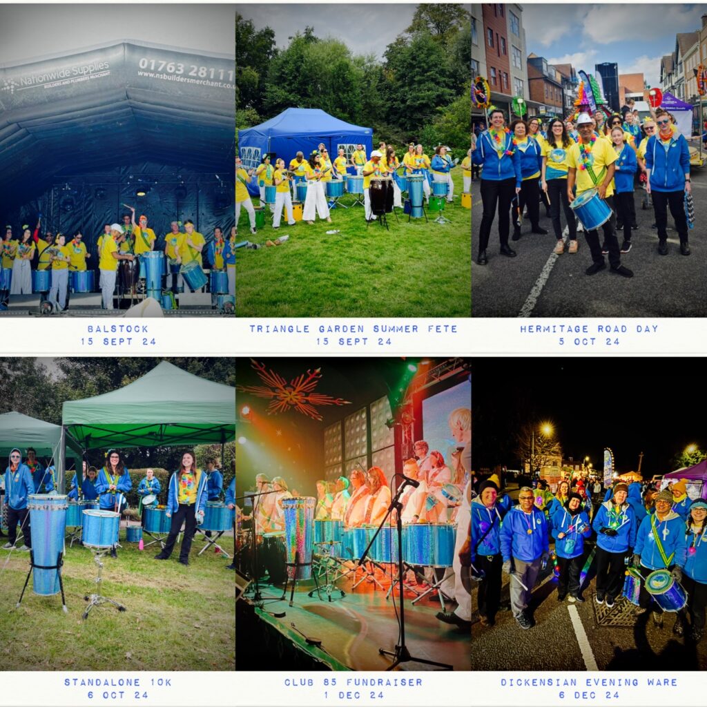 Six-photo collage featuring 2024 winter gigs. GCS performs in a series of day-time and night-time gigs.