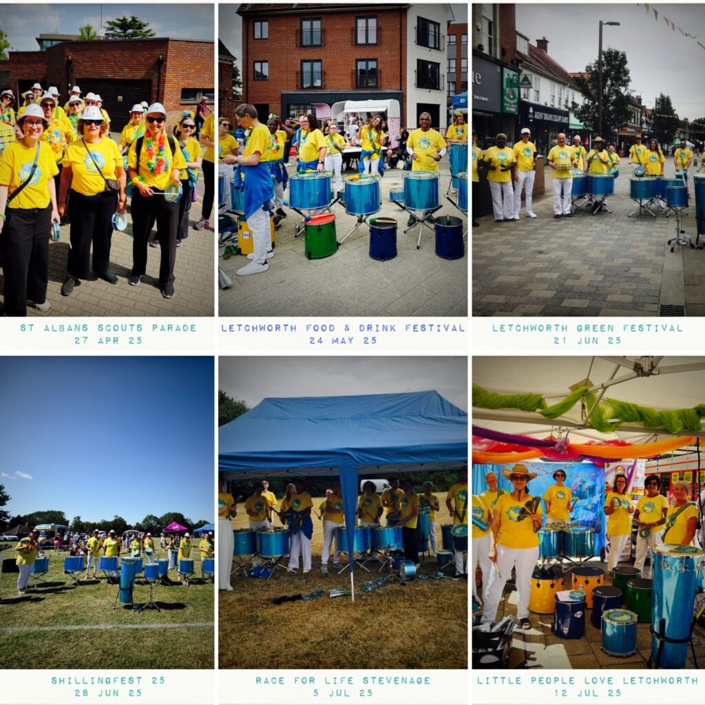 Six-photo collage featuring 2025 summer gigs. GCS performs in the sun in fields and towns.