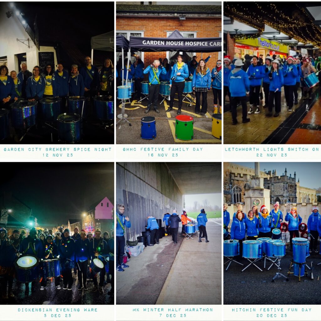 Six-photo collage featuring 2025 winter gigs. GCS performs a series of day-time and night-time gigs outdoors.